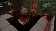 Das Bild zeigt einen Bereich in der Virtuellen Welt Second Life, der wie ein Wohnzimmer eingerichtet ist. Umgeben von einer Couch , einem Sessel, einem Couchtisch und einigen Pflanzen sitzt eine Person auf einem Kissen auf dem Fußboden, vor einem Laptop und schreibt.