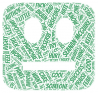 Eine Wordcloud, die aus den Worten der eingebetteten Tweets zum Thema Impostor Syndrom zusammegesetzt ist, in Form eines unfröhlichen Gesichts.